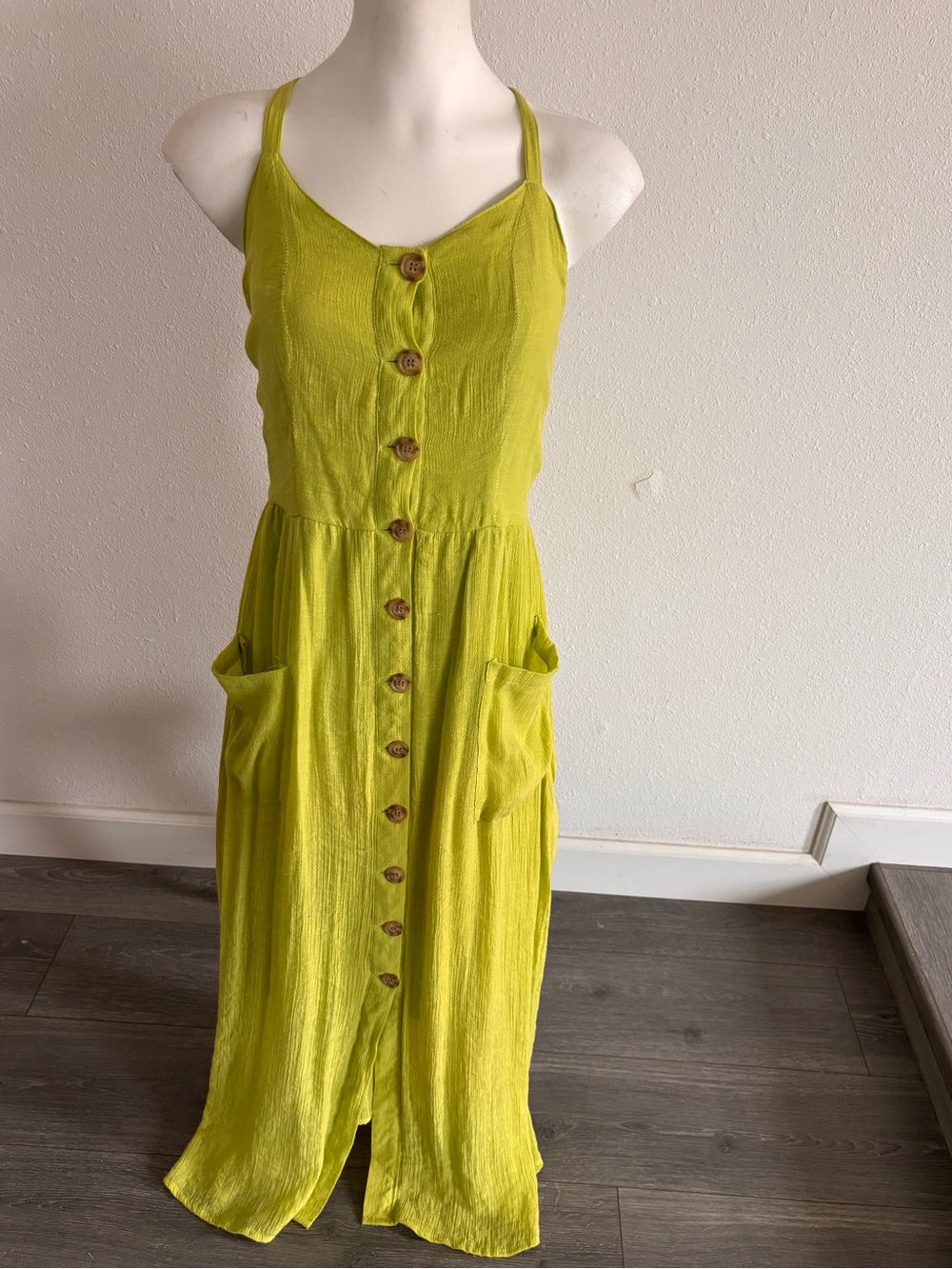 Lime Button Spaghetti Strap Dress